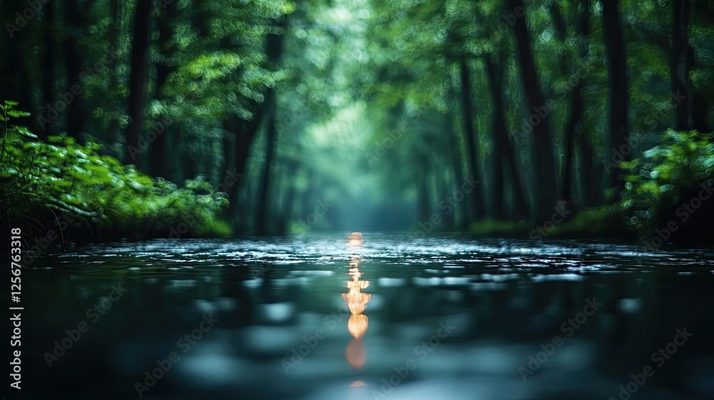 Poster glow forest idea. a tranquil forest scene reflecting water with lush greenery and a serene atmospher