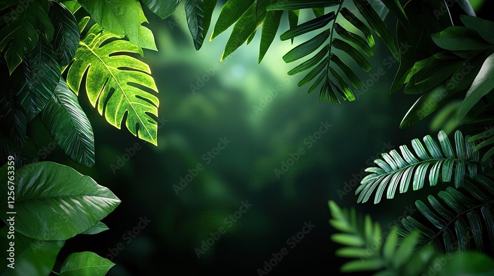 Aufkleber glow forest concept. lush green leaves frame a tranquil jungle scene, creating a serene atmosphere.