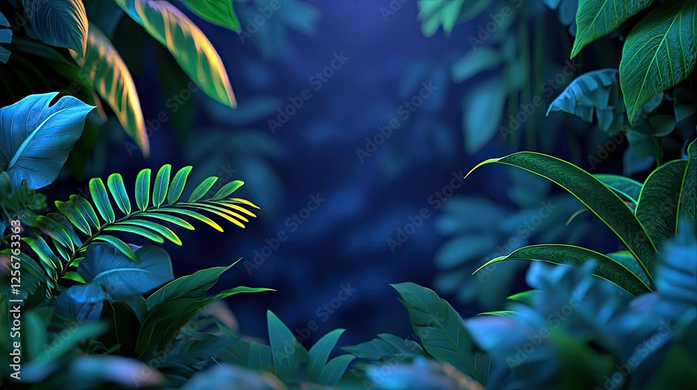 Poster glow forest concept. vibrant green foliage in a mystical jungle setting, creating an enchanting atmo
