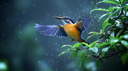 Kingfisher in flight, rainforest rain, vibrant plumage, nature.