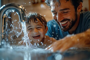Obraz premium Happy father and son playing with water in kitchen sink