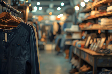 Obraz premium Dark Blue Long-Sleeve Shirt on Hanger in Clothing Store