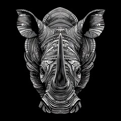 Rhinoceros stylized graphic design, black and white, detailed head, abstract