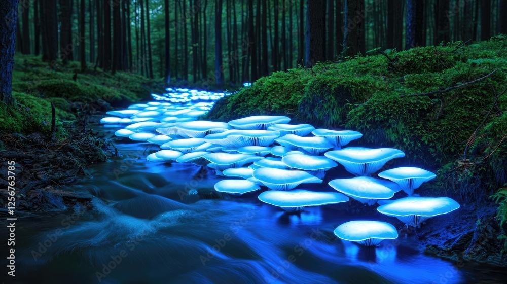 Poster glow forest concept. glowing mushrooms illuminate the forest stream in enchanting blue hues at twili