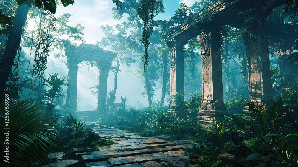 Poster glow forest concept. a tranquil forest scene with ancient stone pillars enveloped in vibrant green f