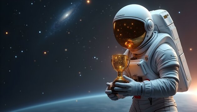 Astronaut Holding Trophy Floating in Space