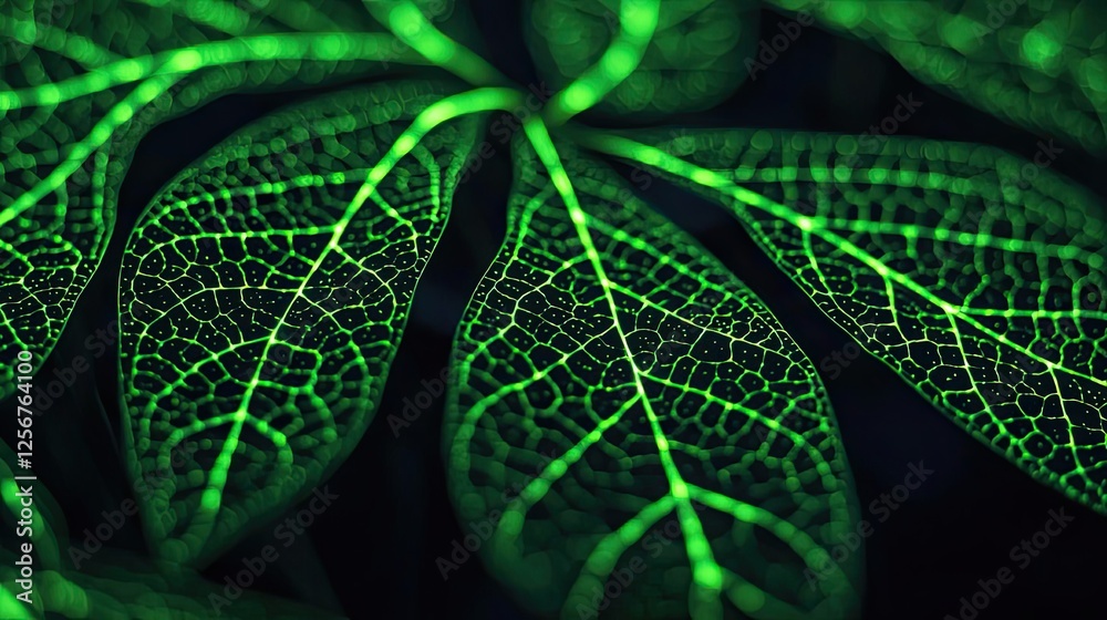 Poster Glow forest concept. Close-up view of vibrant green leaves showcasing intricate vein patterns.