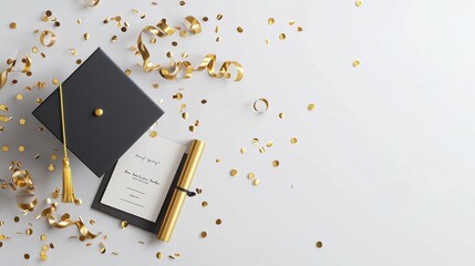 Elegant graduation celebration setup with confetti and diploma