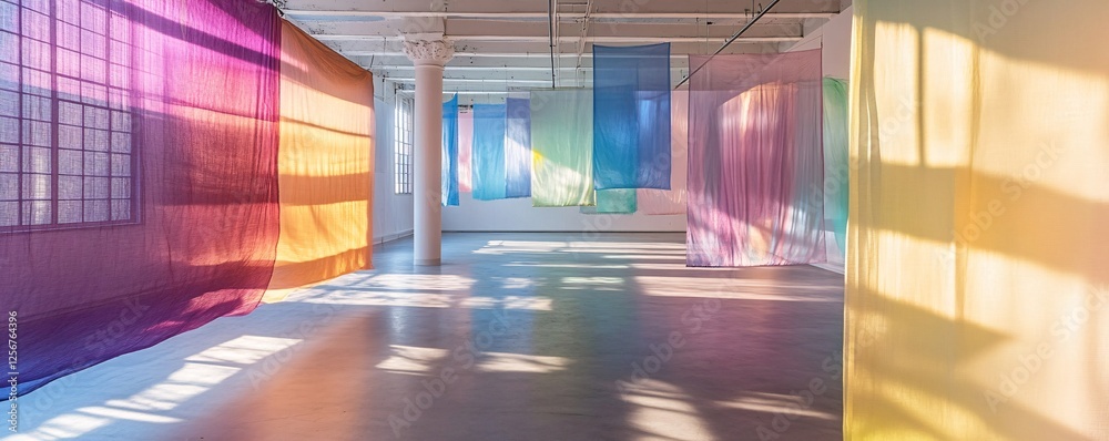 Aufkleber sunlight streaming through colorful curtains in art gallery