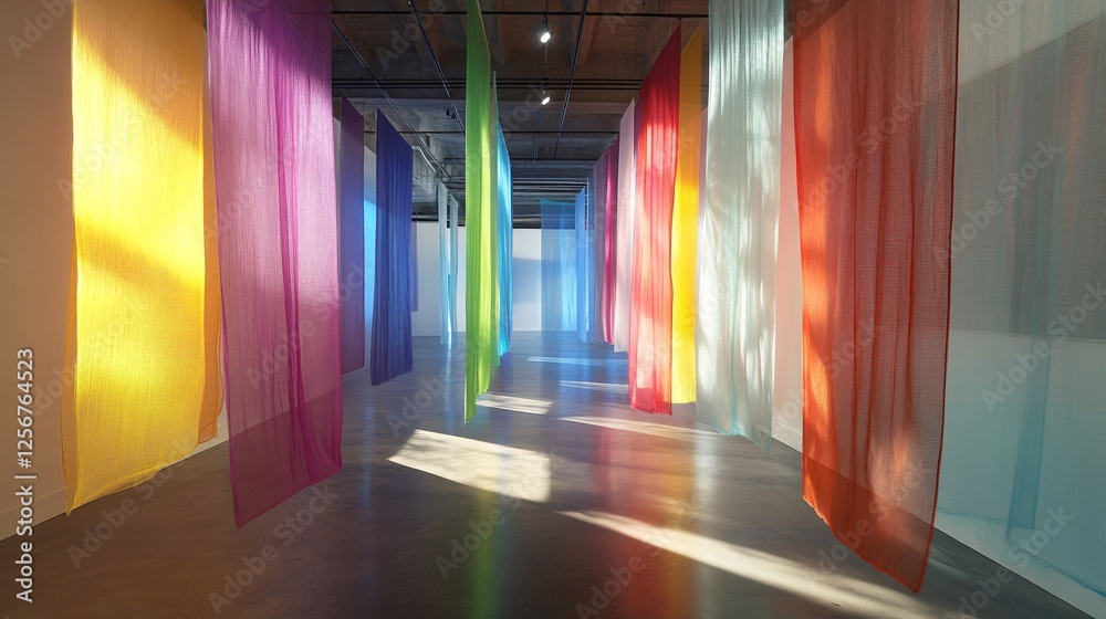 Aufkleber sunlight shining through colorful transparent curtains in gallery