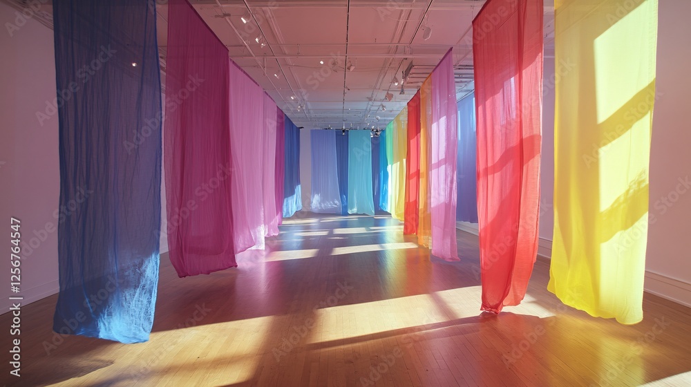 Aufkleber sunlight streaming through colorful transparent curtains in gallery
