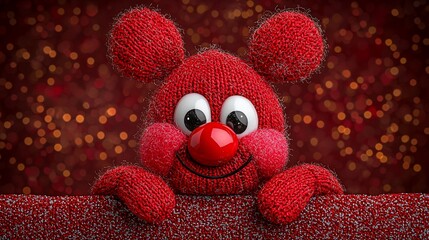 Knitted mouse peeking over red banner, bokeh background; Valentine's card