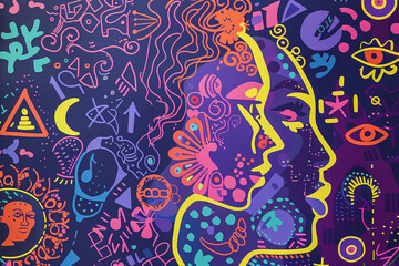 Obraz premium Feminist Background with Abstract Women’s Faces Representing Strength and Gender Equality in a Bold Purple Artistic Illustration