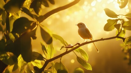 Obraz premium bird with a worm in its beak, perched on a branch under a canopy of green leaves and golden sunlight