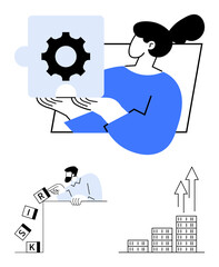 Woman holding gear puzzle piece, man managing falling blocks labeled risk, and upward business growth bar chart. Ideal for strategy, planning, teamwork, innovation, decision-making, risk analysis