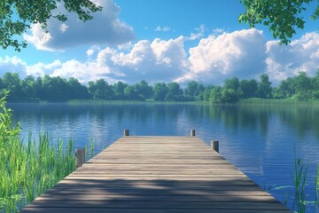 Naklejka premium Tranquil lake scene with wooden dock and lush greenery