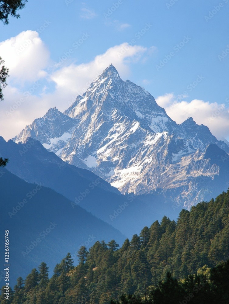 Poster majestic mountain range towering over lush green forests and soft clouds in the clear blue sky. gene