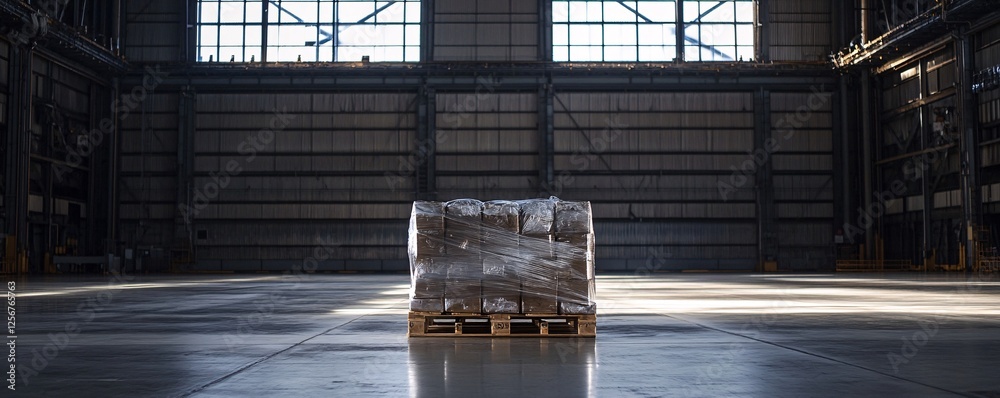 Poster pallet with cardboard boxes sitting in empty warehouse