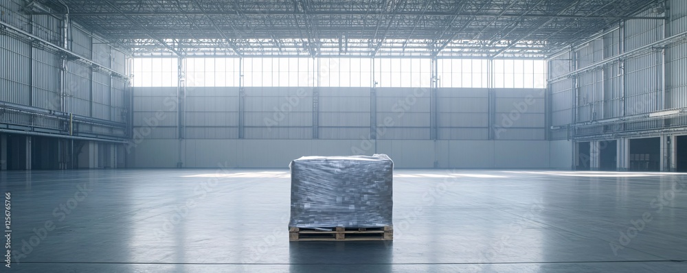 Poster Single pallet wrapped with goods standing in a large empty warehouse
