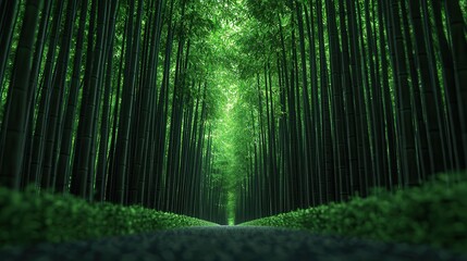 Fototapeta premium A long path of green trees with a few bushes in the foreground