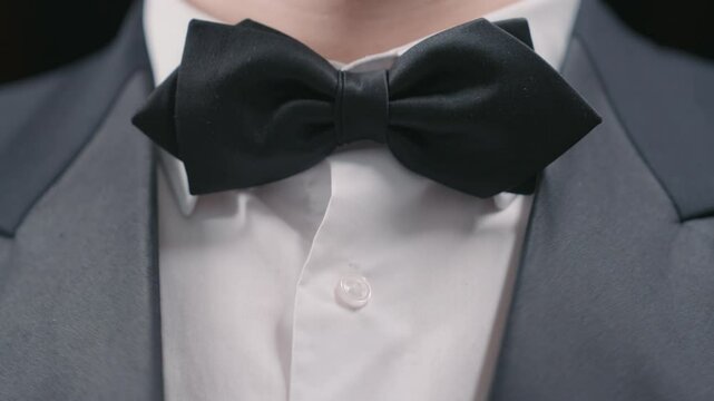 Man Adjusting Black Bow Tie and Tuxedo Shirt. Close Up Shot Formal Event Preparation. Luxury Style