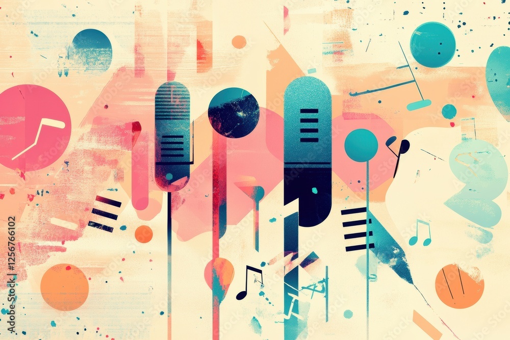 Poster minimalist k pop inspired art featuring vibrant music notes and microphones in an energetic composit