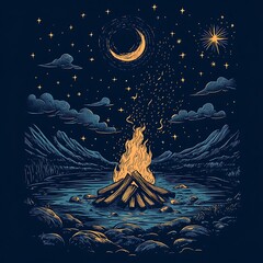 Night campfire by lake, starry sky, peaceful scene, graphic design