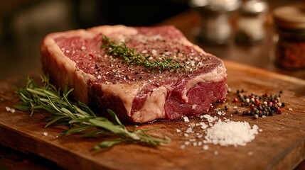 Fototapeta premium Raw beef steak with spices and rosemary resting on a cutting board