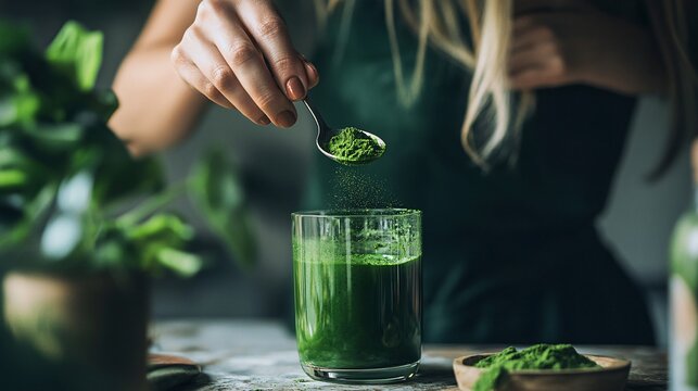 Woman adding green superfood powder to glass of water