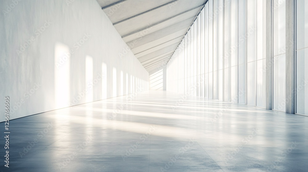 Poster Sunlight illuminating a long empty corridor with large windows