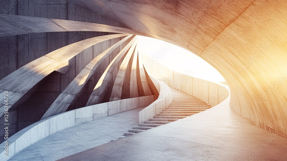 Poster modern architecture concrete stairs leading to bright light at end of tunnel