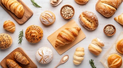 Assorted freshly baked breads and pastries on a rustic table