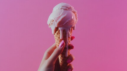 hand holding an ice cream cone, with the delicious ice cream dripping in a way that conveys the sweet indulgence of a summer treat