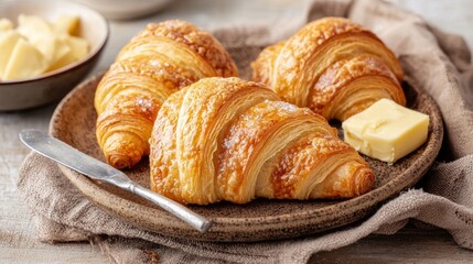 Fototapeta premium Freshly baked croissants with butter on a rustic plate