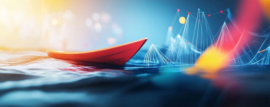 Red paper boat sailing through a sea of data visualizations