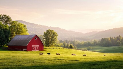 Fototapeta premium Serene countryside landscape with a red barn and grazing sheep