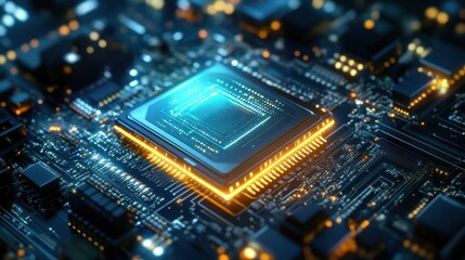 Fototapeta premium Quantum Processor Glowing Under Swirling Holographic Background