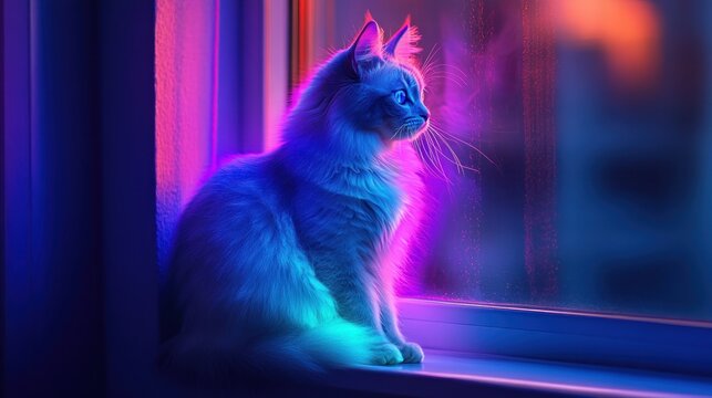 Neon-lit cat by window, city night view, pet portrait
