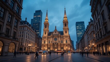 Fototapeta premium A bustling European city street at twilight, showcasing a grand church with illuminated spires, and modern high-rise buildings.