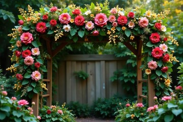 A festive flower and foliage garland on a wooden trellis, festive, garden