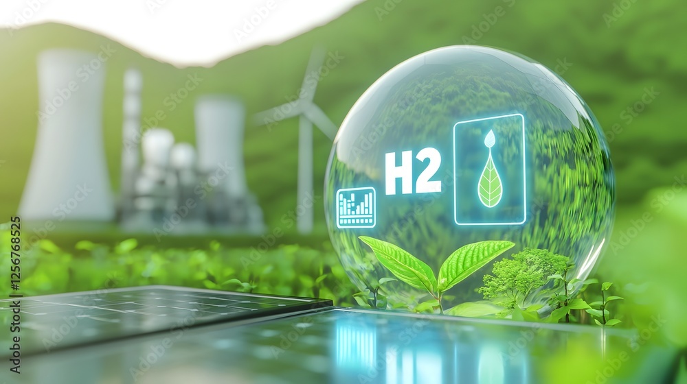Poster futuristic clean energy network combining hydrogen pipelines and solar panels in vibrant green setti