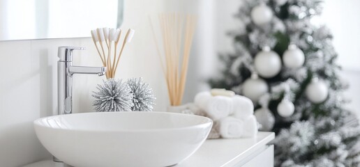 Serene Winter Bathroom Decor: A Christmas-Themed Bathroom Sink with Towels, Toothbrushes, and an Elegant White Christmas Tree