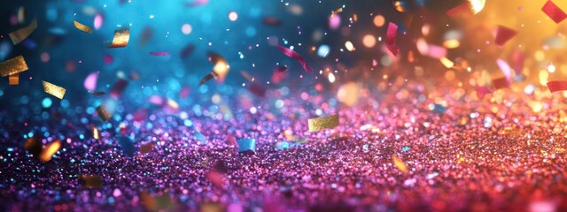 Colorful confetti floating in the air against a blue background.