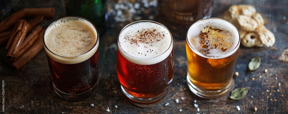 Poster three glasses of beer with foam on a rustic wooden table are waiting for friends at a bar
