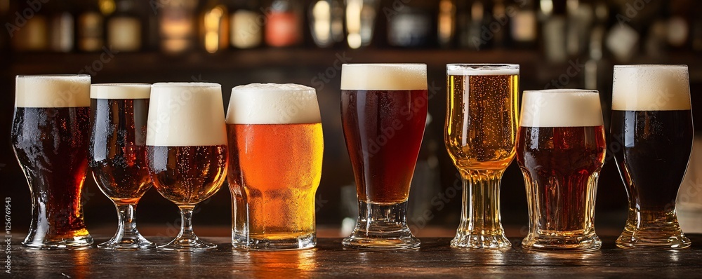 Aufkleber Different beer types standing in a row on bar counter in a pub