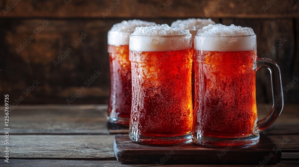 Poster row of refreshing cold beer mugs sitting on rustic wood counter