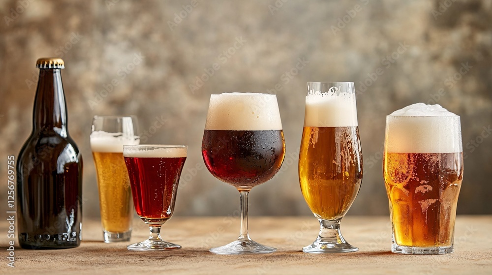 Poster Different types of beer arranged on a table for tasting