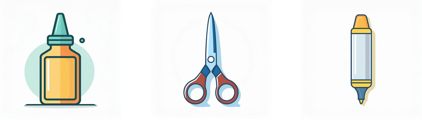 Fototapeta premium Three craft items: glue bottle, scissors, and marker, all depicted against a clean white background.