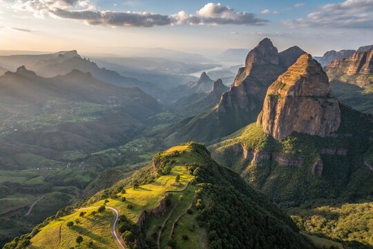 Aerial drone view of Simien Mountains, Ethiopia, with jagged peaks and endemic wildlife under the afternoon sun  
