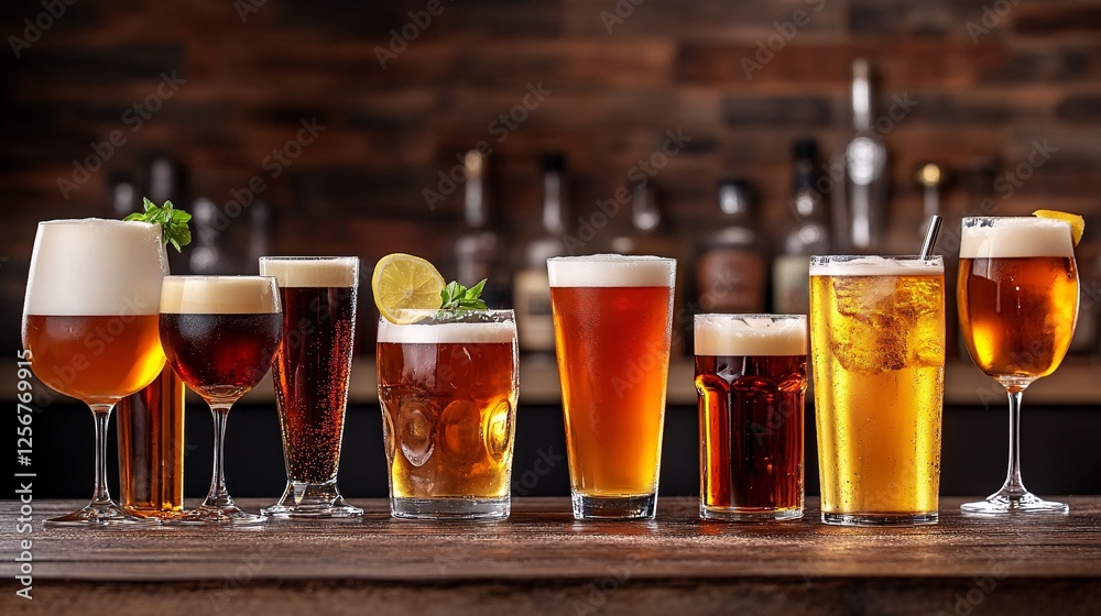 Aufkleber row of various styles of beer resting on bar top